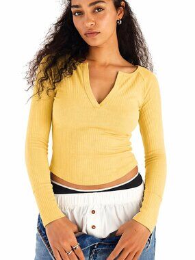 INTIMATELY FREE PEOPLE Billie Layering Top Split V-Neck Ribbed Ylw Women's Small